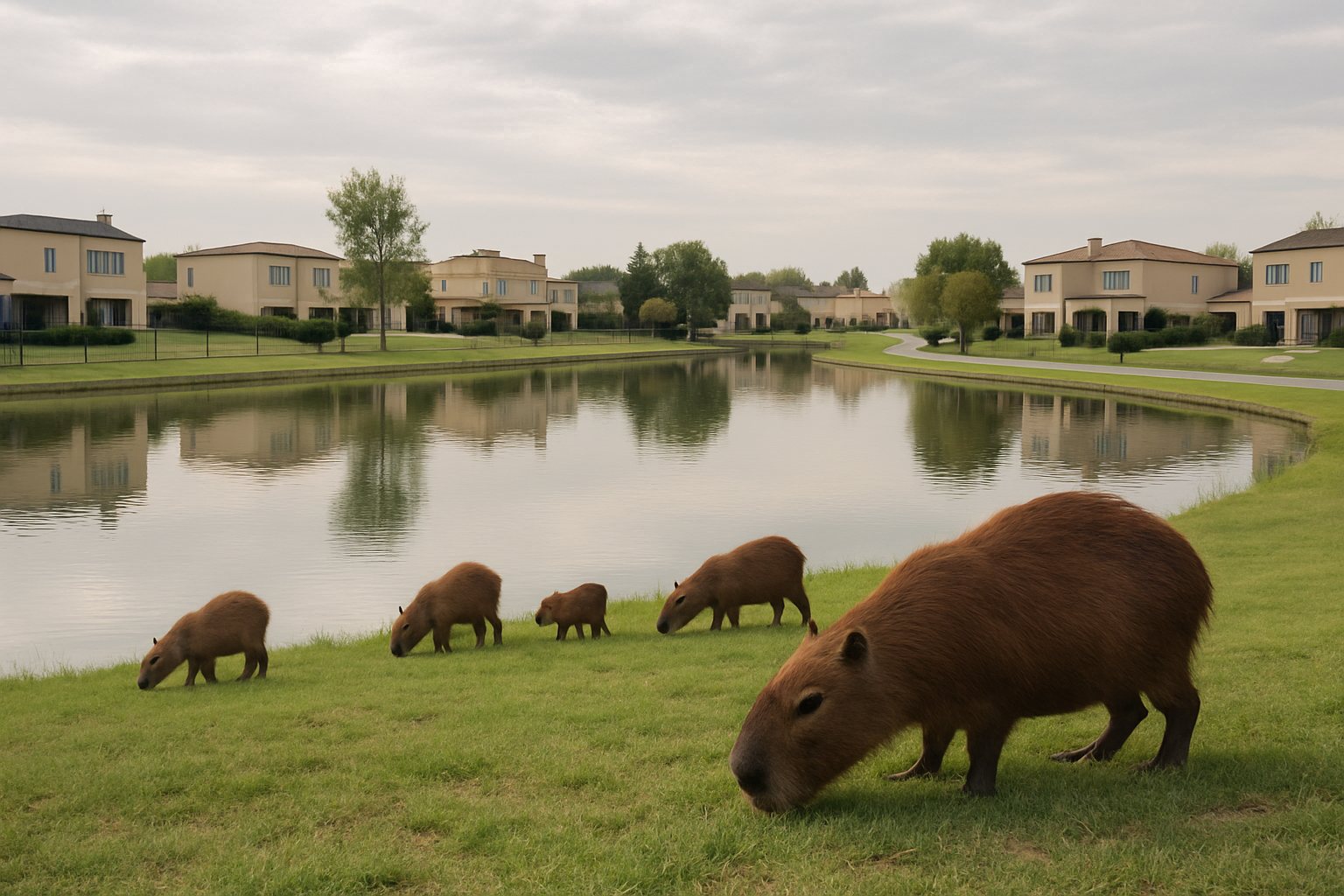 Carpinchos junto a un lago, con viviendas y una calle interna de un barrio cerrado al fondo.